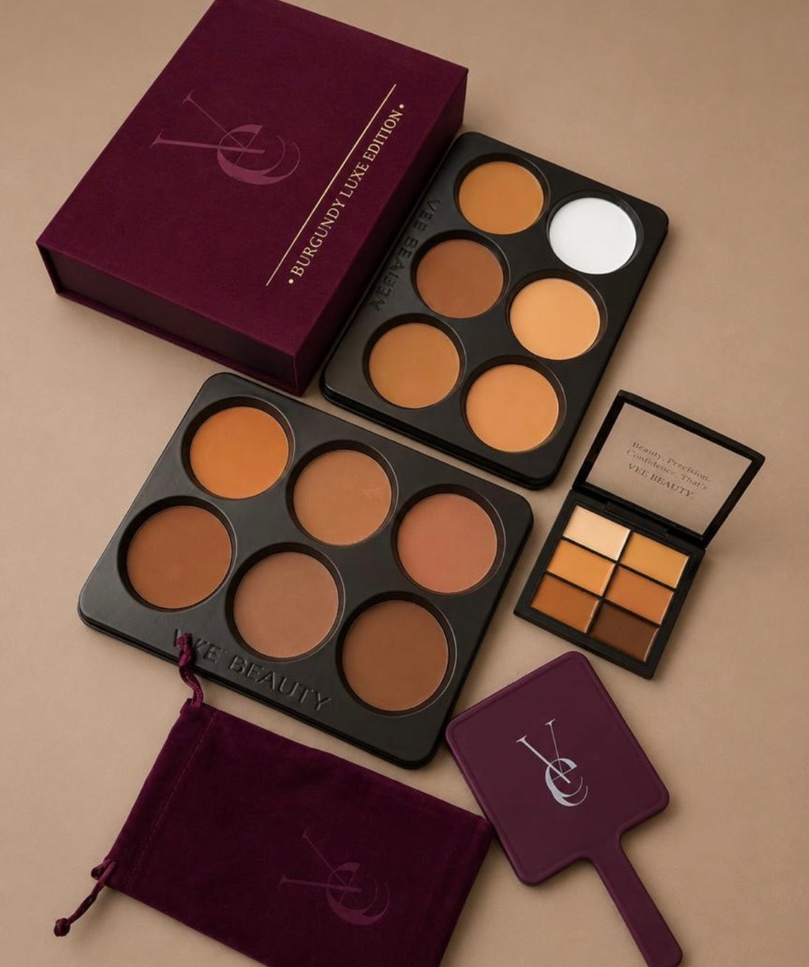 Vee Beauty 12-in-1 Powder Palette – Burgundy Luxe Edition (Free Mini Concealer +Mirror)